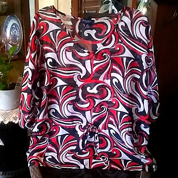 Chaps 1X Red, Black, White  Design Sheer 3/4 Sleeves Like New - Picture 1 of 7